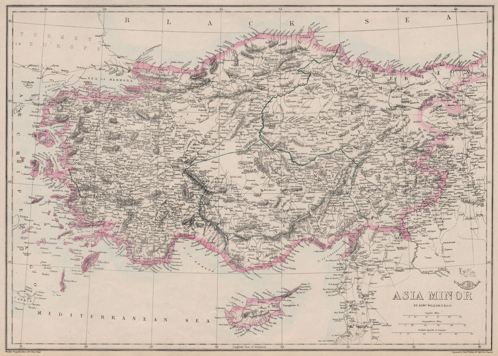 ASIA MINOR. Turkey Anatolia. Shows Smyrna/Izmir-Aydin railway. WELLER 1863 map
